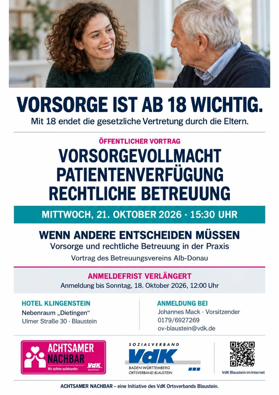 Aushang zum Vortrag Vorsorgevollmacht, Patientenverfügung und rechtliche Betreuung am 21. Oktober 2026 im Hotel Klingenstein.